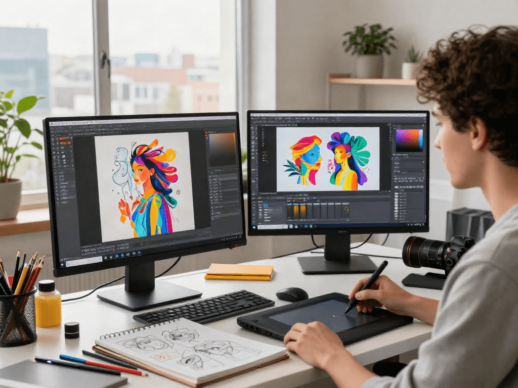 Creating nsfw AI artwork in a vibrant digital studio with advanced tools.