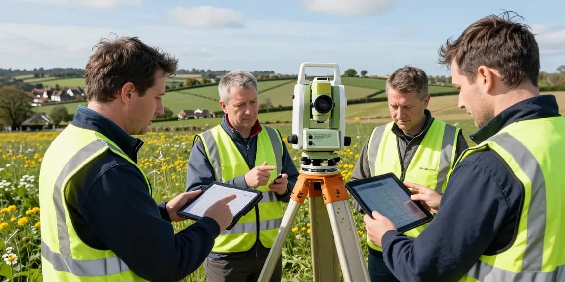 Topographical Land Surveys Kent team conducting professional survey in lush countryside with advanced equipment and clear sky.
