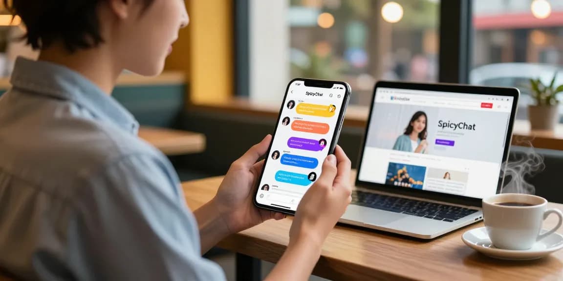 Engaging with SpicyChat AI on mobile in a cozy café setting.