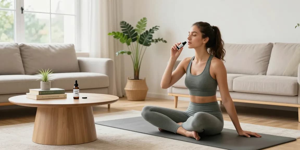 thc vapes uk wellness scene featuring a person using THC vape oil in a relaxing environment with plants and wellness items.