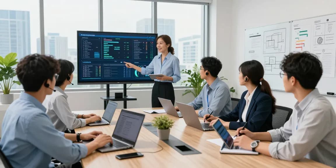 Team collaborating on business IT support services in a modern office setting with technology solutions displayed.