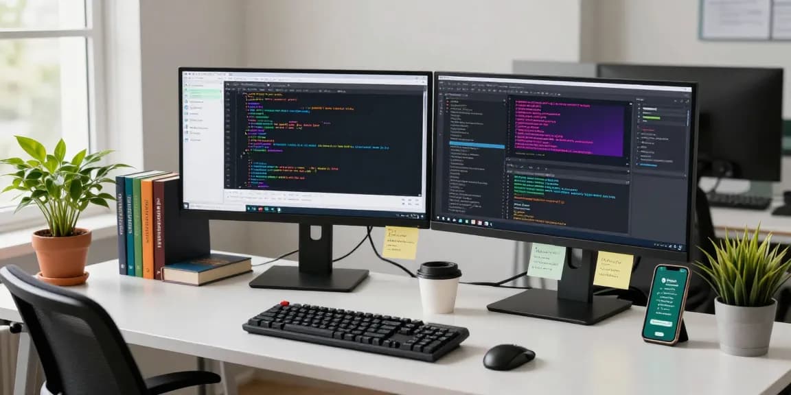 WhatsApp下載 in a tech workspace with dual monitors showing coding and messaging apps.
