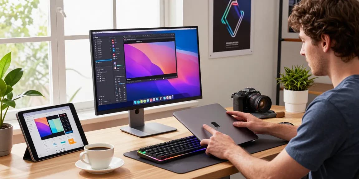 Excited tech enthusiast unboxing M5 MacBook in a bright, modern workspace with design software on screen.