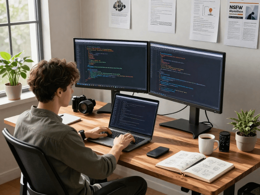 Developer coding NSFW AI project in a modern workspace with dual monitors and natural light.
