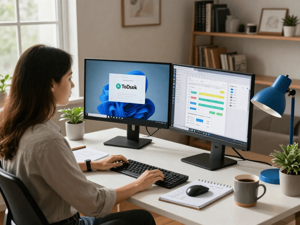 Professional woman using ToDesk for remote work in a modern home office