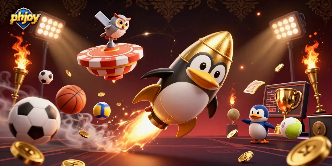 Engage with PHJOY's thrilling gaming experience through a 3D illustration of a golden penguin spaceship.
