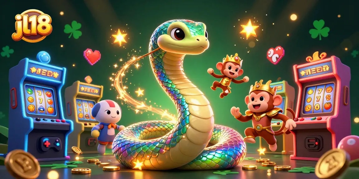 jl18 showcases a vibrant casino scene with a rainbow serpent and monkey king surrounded by colorful gaming elements.