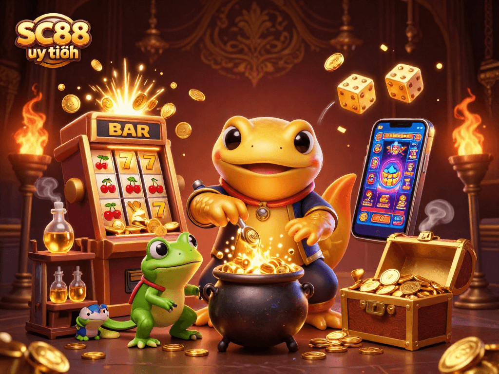 Experience SC88 uy tín with a gold-filled casino adventure featuring vibrant characters and elements.