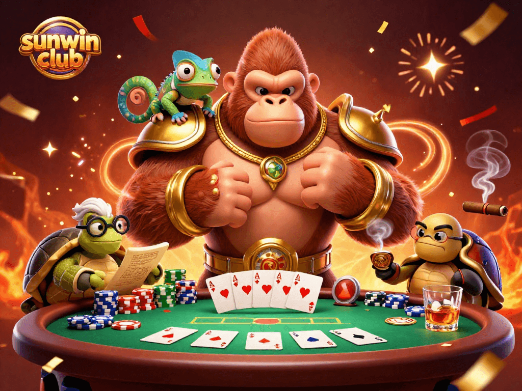 Engage with thrilling gameplay at sunwin club, featuring a vibrant scene of a powerful gorilla king and chameleon companion.