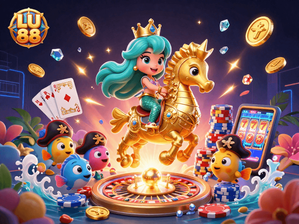 Engage in exciting gaming adventures at LU 88 with a vibrant casino-themed illustration.