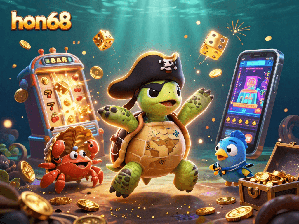 Play exciting games at hon68 with vibrant characters enjoying sunken treasures and slot machines.