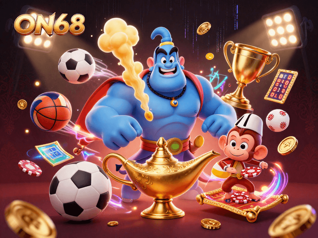Engage with winning strategies at ON68, featuring a dynamic 3D casino illustration with genie and poker elements.