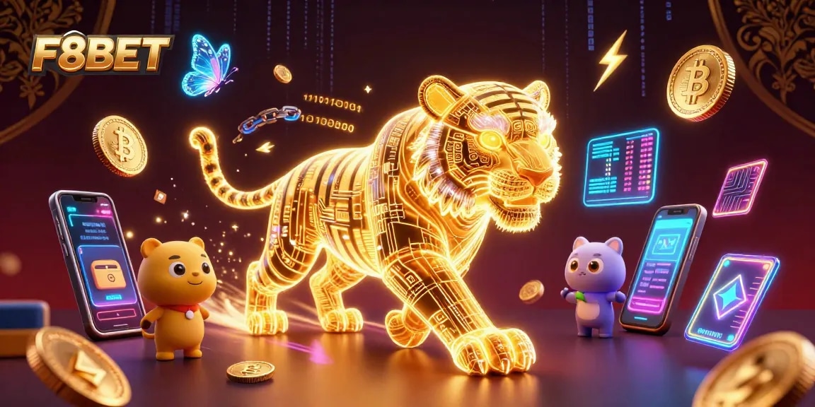 Engage with F8BET in a vibrant casino landscape featuring a golden tiger and dynamic crypto elements.
