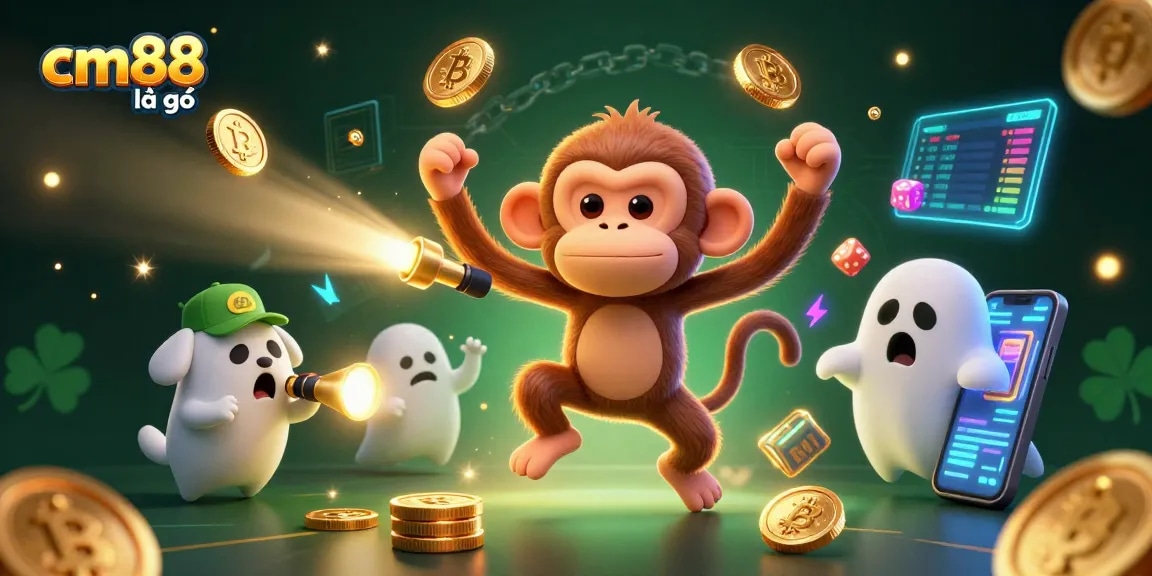 Engage with cm88 là gì in a lively casino scene featuring a magical monkey and curious puppy.