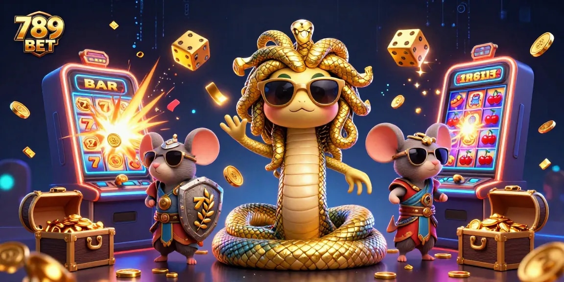 Experience the thrill of casino gaming with 789 BET's vibrant scene featuring animated characters and slot machines.