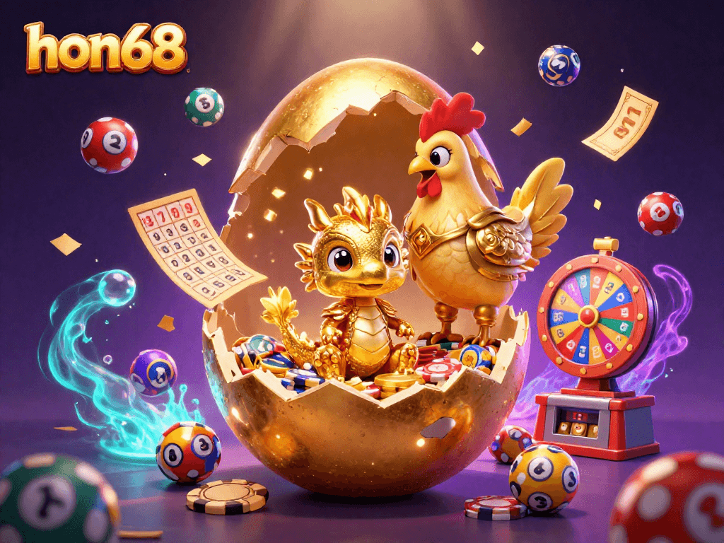 Engage with hon68 as the golden baby dragon emerges from a sparkling nest of poker chips, surrounded by vibrant lottery elements.