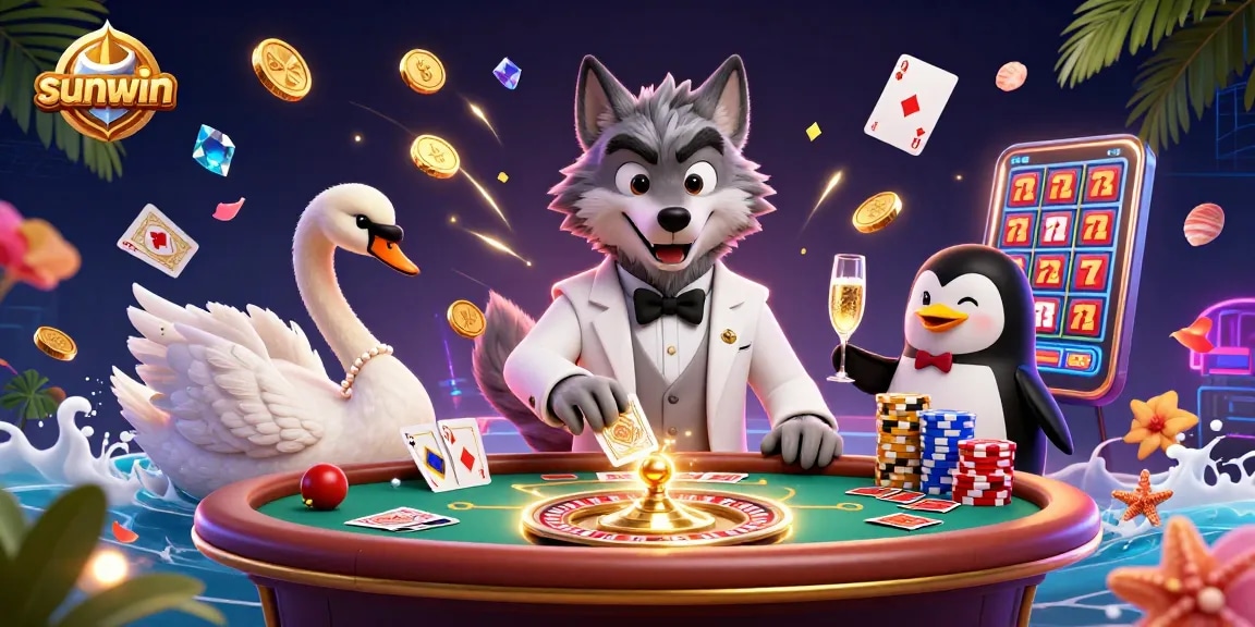 Win big at Sunwin with a charming wolf, swan dealer, and penguin, amidst vibrant casino elements.