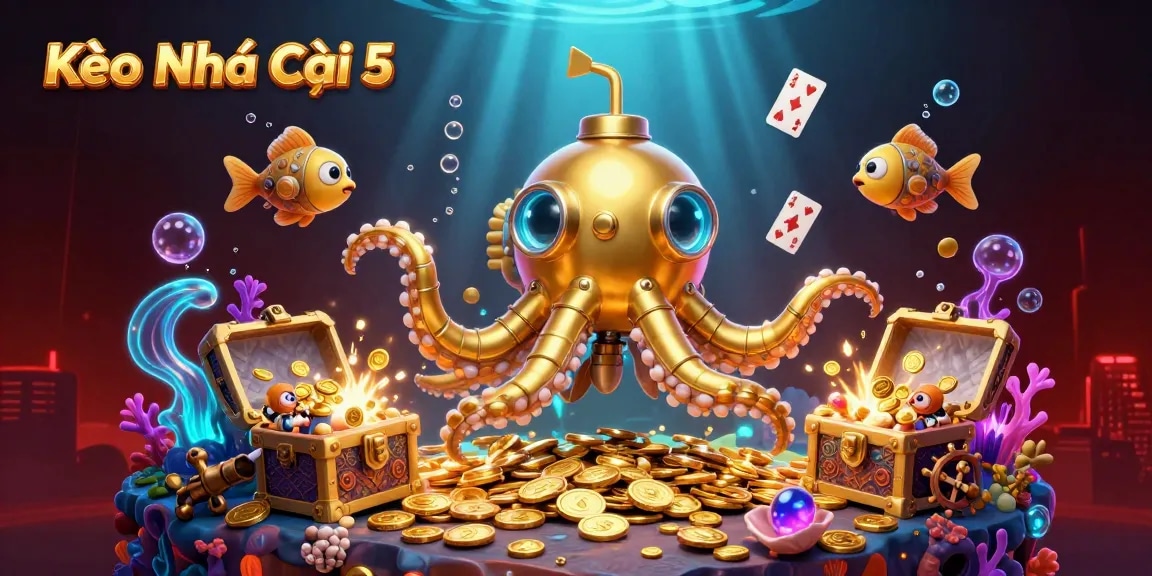 Kèo Nhà Cái 5 showcases an exciting underwater adventure with a golden kraken submarine amidst floating casino elements.