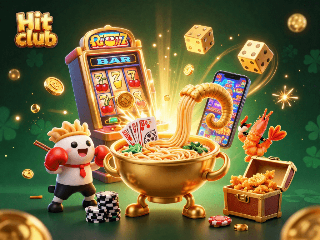 Engage with Hit club while enjoying a vibrant casino scene featuring playful characters and dynamic gaming elements.