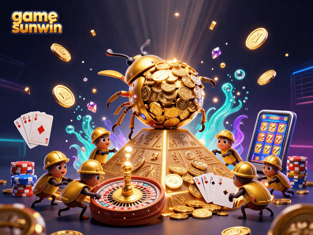 Experience game sunwin's excitement with a vibrant casino scene packed with golden coins and dynamic elements.