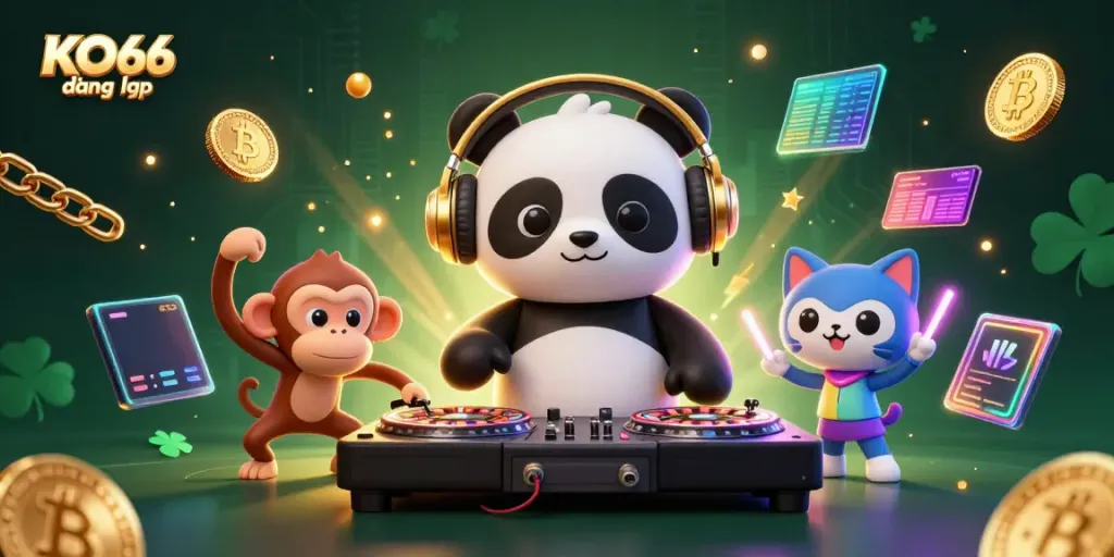 Engage in KO66 đăng nhập with vibrant 3D casino elements and lively characters illustrating a fun betting experience.