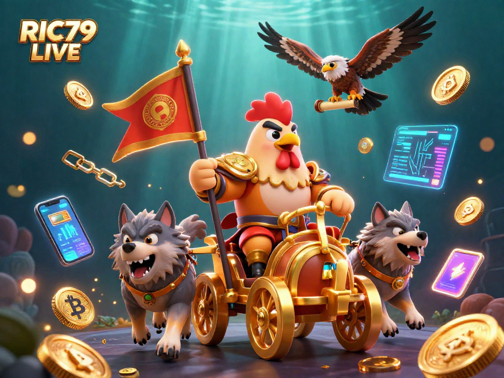 Experience RIC79 LIVE with a dynamic illustration of a rooster warlord and crypto elements.