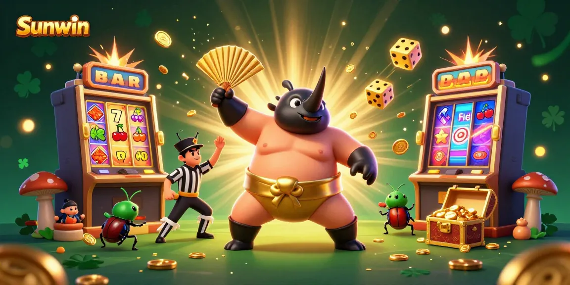 Experience exciting gameplay at Sunwin as a powerful rhinoceros beetle champion unleashes golden coins in this vibrant 3D digital scene.