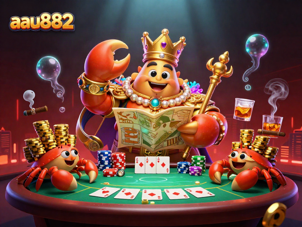 Engage in thrilling poker action with aau882 as a golden crab emperor oversees the game scene.