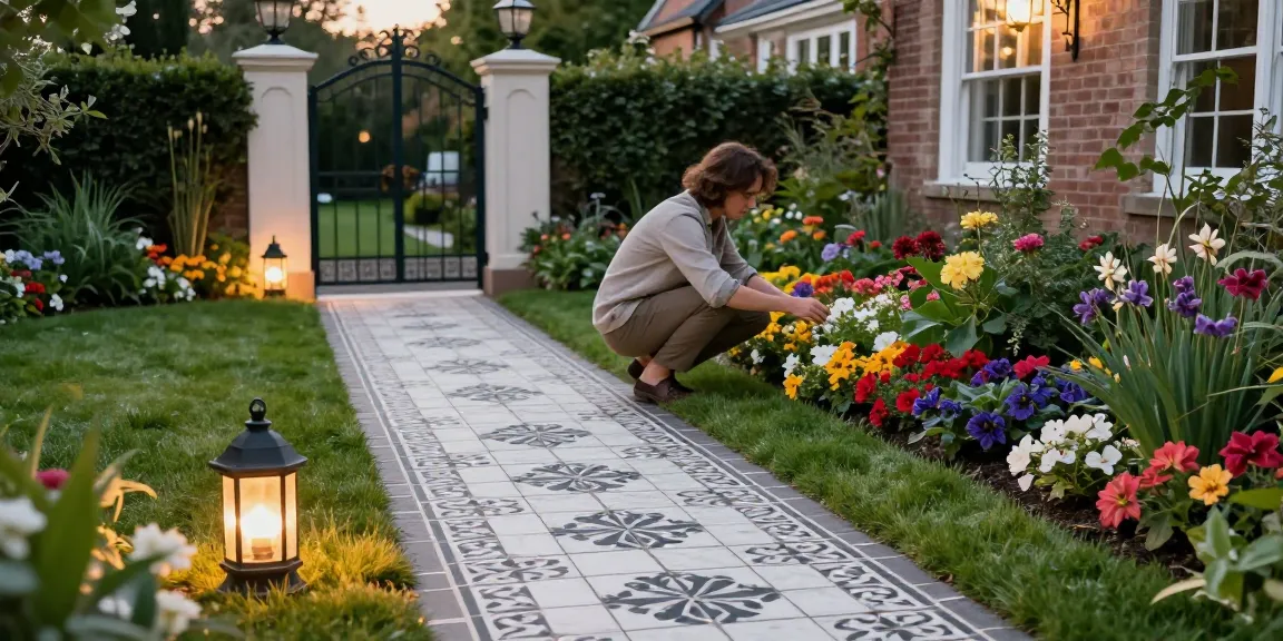 Victorian tiled paths in an elegant garden setting with intricate patterns, lanterns, and blooming flowers.