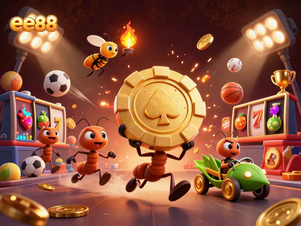 Join the heist at ee88 as a team of cartoon ants carry giant golden chips amidst vibrant casino elements.