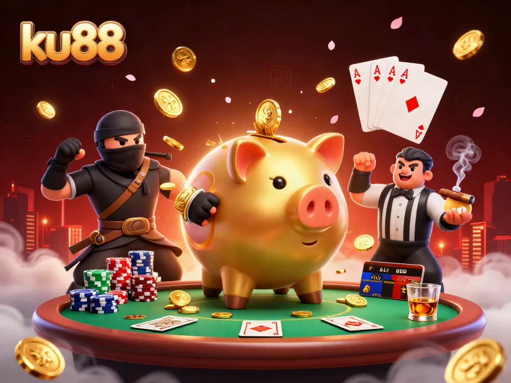 ku88 casino scene featuring a golden piggy bank sumo wrestler among poker tables, chips, and vibrant gaming action