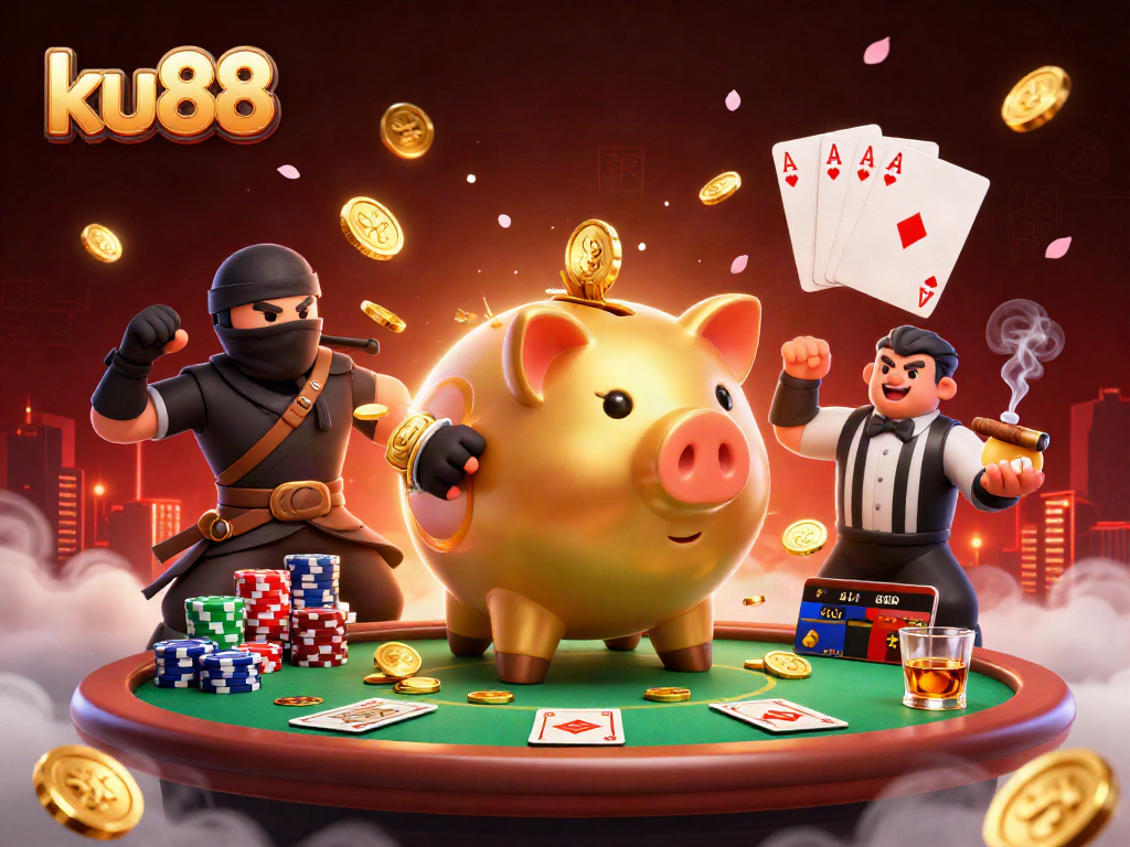 ku88 casino scene featuring a golden piggy bank sumo wrestler among poker tables, chips, and vibrant gaming action