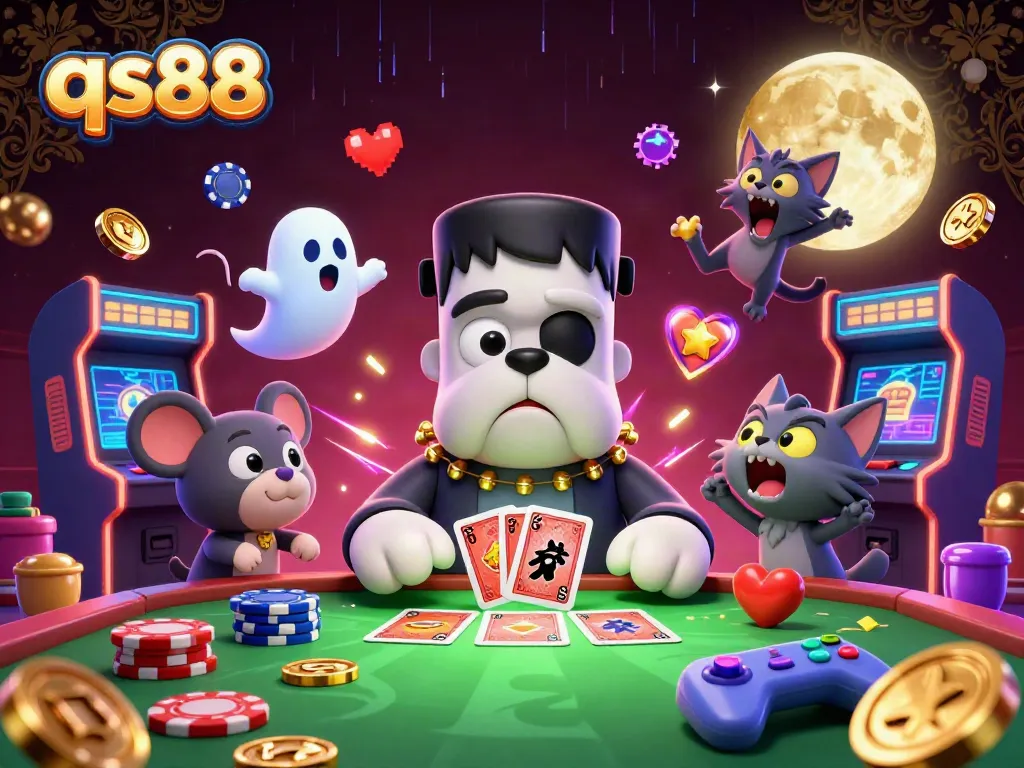 qs88 captures the thrill of casino gaming with playful characters dealing cards in a spooky setting.