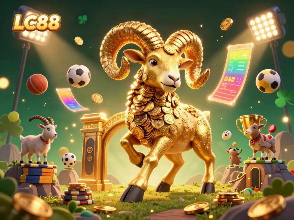 LC88 showcases a vibrant online casino scene with golden ram and dynamic sports betting elements.