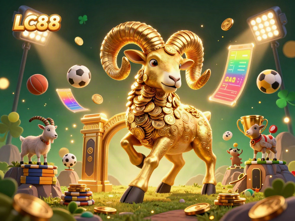 LC88 showcases a vibrant online casino scene with golden ram and dynamic sports betting elements.