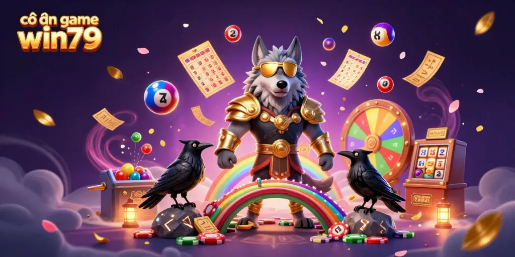 Join the fun at cổng game win79 with Norse characters amidst vibrant casino elements, showcasing excitement.