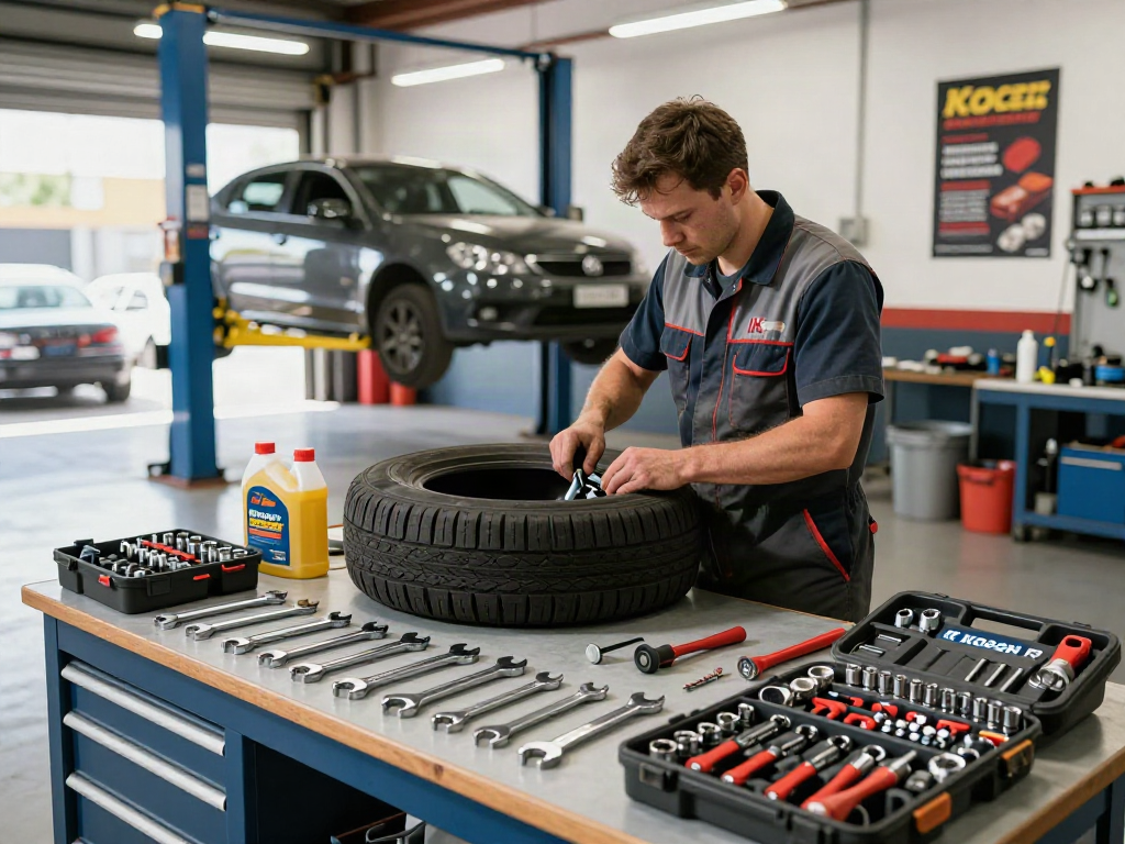 Koken tools uk displayed in an automotive workshop with a mechanic at work, showcasing precision tools and organized garage environment.