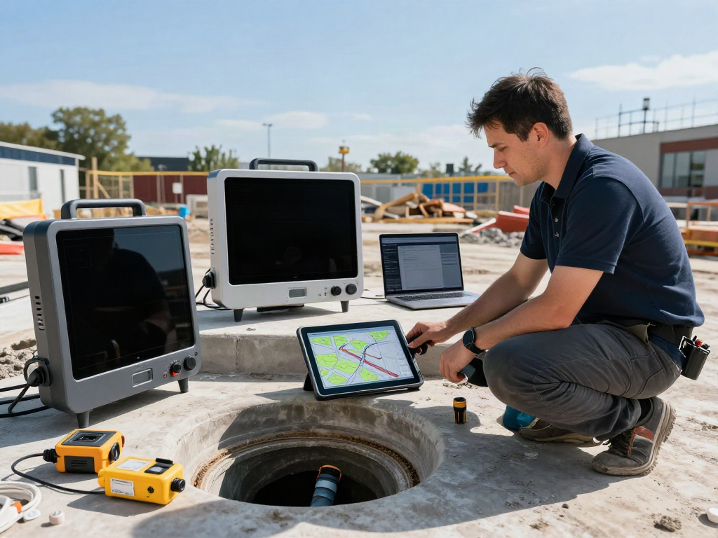 CCTV Drainage Survey Surrey: professional drone drainage inspection, surveyor with high-tech equipment, urban construction setting