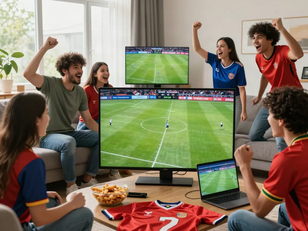 Fans enjoying a live Thapcamtv football match in a lively living room.