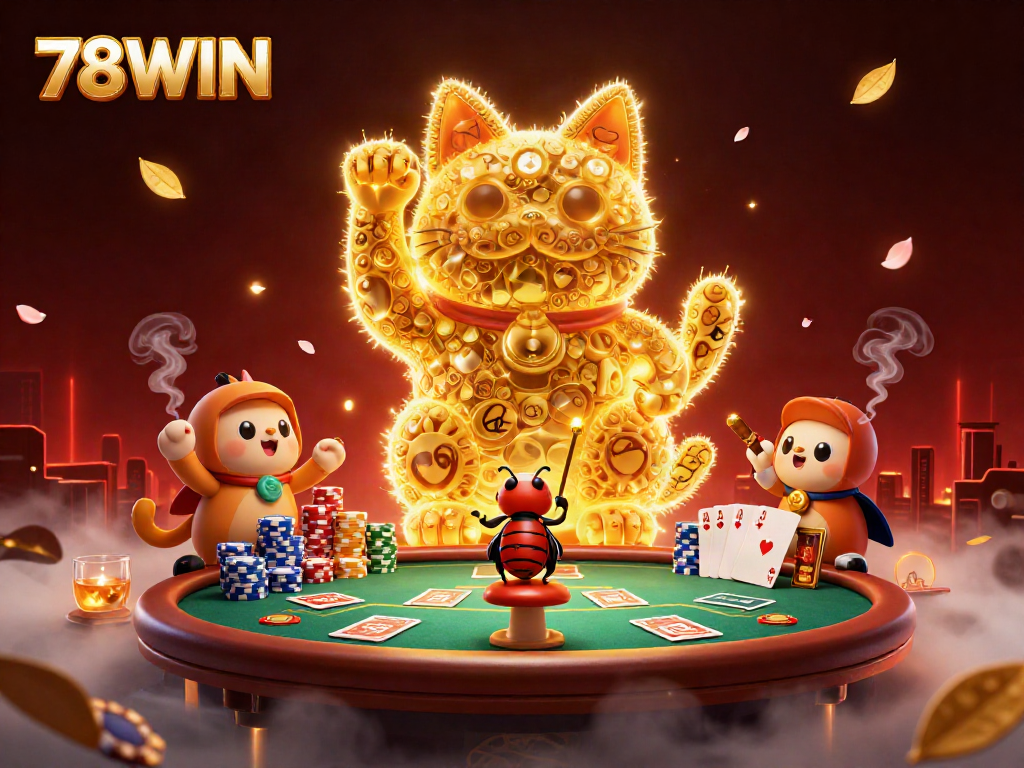 Experience thrilling gameplay with the 78WIN lucky cat surrounded by vibrant casino elements.