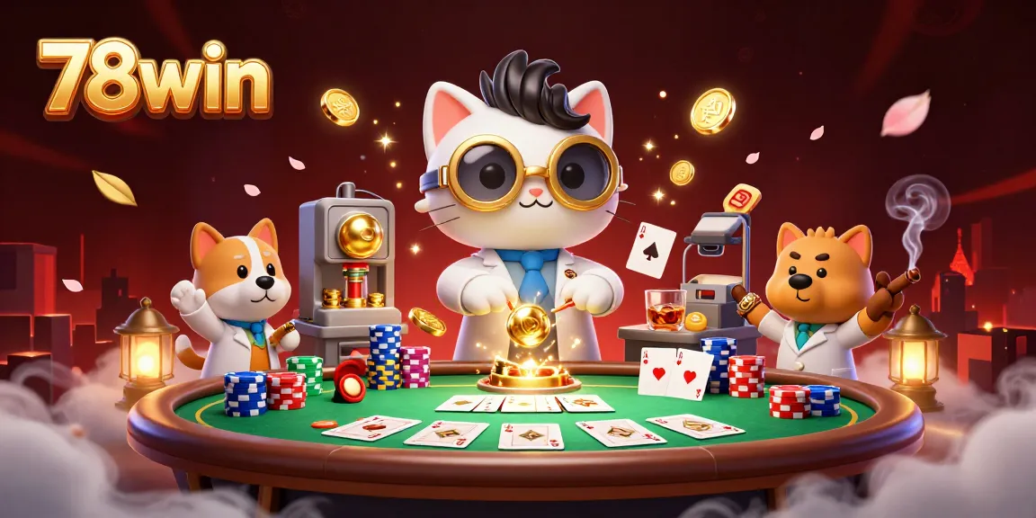 78win gaming scene with a mad scientist cat and faithful dog, surrounded by poker elements showcasing excitement.