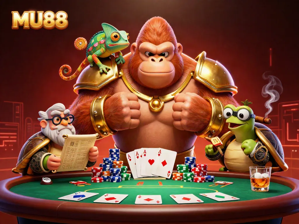 Experience the excitement of MU88 casino with a vibrant 3D scene featuring iconic gambling characters and elements.