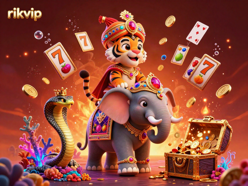 rikvip showcases vibrant slot games within a rich casino atmosphere with a jewel-encrusted elephant and maharaja tiger.