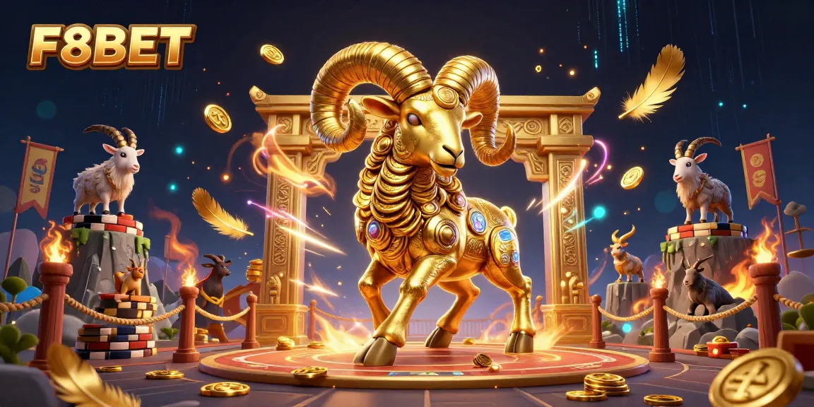 Experience thrilling gameplay at F8BET with a stunning golden ram charging through a majestic gate, surrounded by festive casino elements.