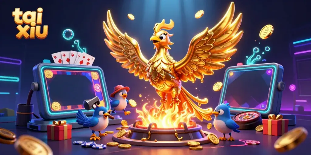 Experience the thrill of tai xiu with vibrant casino elements and a mythical phoenix illustration.