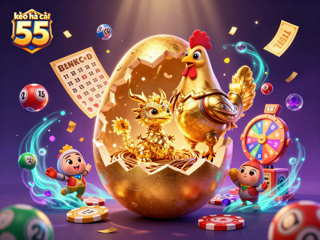 Experience the thrill of kèo nhà cái 55 with dynamic lottery excitement in a vibrant 3D illustration.