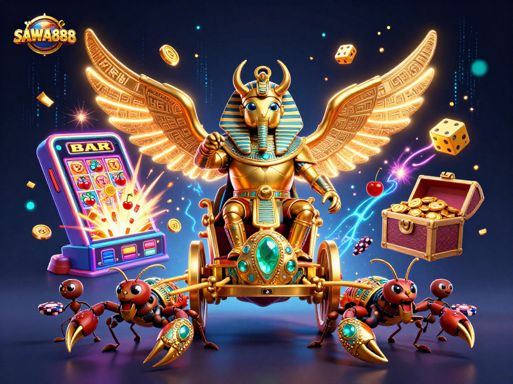 Engaging players with SAWA888's vibrant casino jackpot scene featuring a golden scarab and dynamic gameplay elements.
