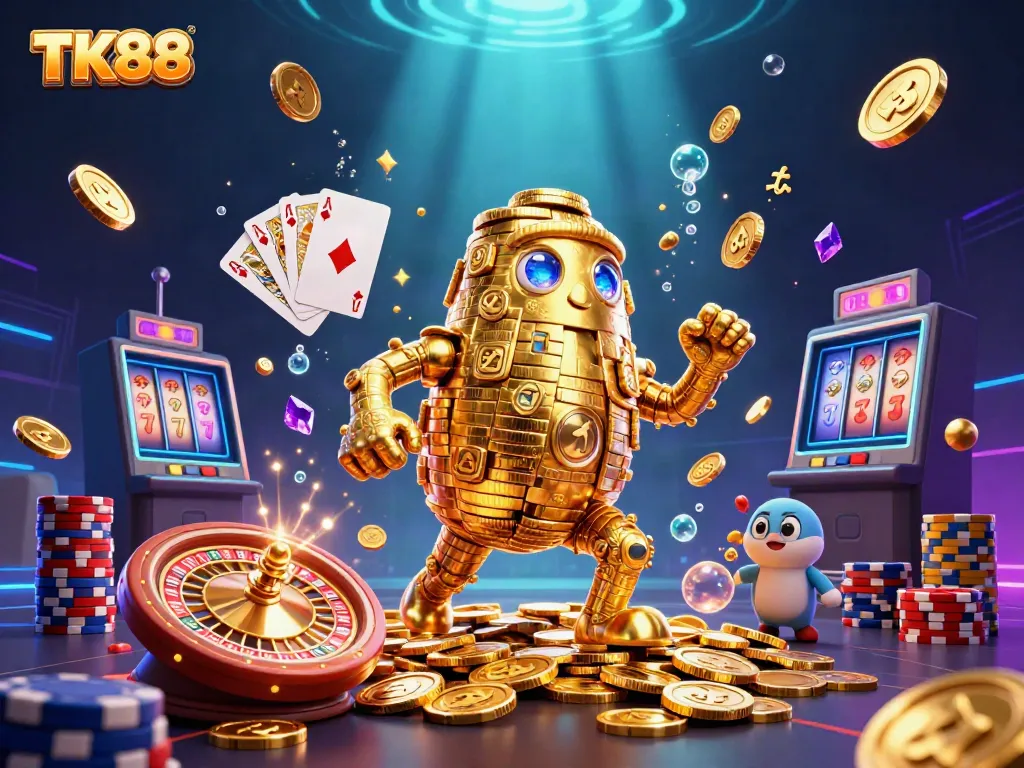 Experience the thrill of TK88 gaming with vibrant casino elements and a dynamic golden golem illustration.
