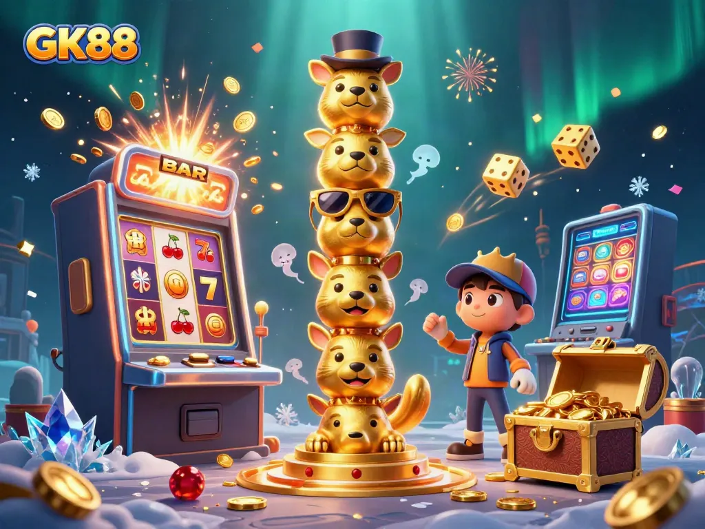 Engage with GK88 in a vibrant casino-themed 3D illustration featuring a golden totem pole and slot machine bursts.