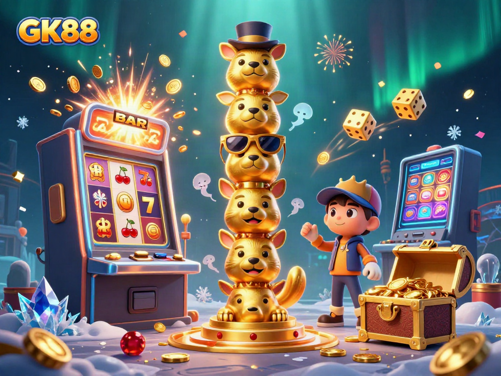 Engage with GK88 in a vibrant casino-themed 3D illustration featuring a golden totem pole and slot machine bursts.